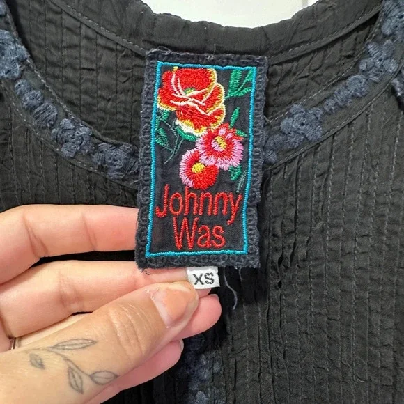 Johnny Was | Embroidered Black and Navy Blouse | Size: XS - Picture 10 of 12